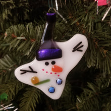 Load image into Gallery viewer, Fused glass melted snowman ornament purple hat holiday bauble, snowman