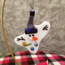 Load image into Gallery viewer, Fused glass melted snowman ornament purple hat holiday bauble, snowman