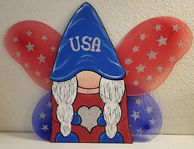 hand painted wood gnome shelf leaner with with American themed wings
