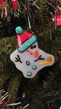 Load and play video in Gallery viewer, Bah Humbug melted Snowman fused glass ornament red hat dichroic glass #christmas #treedecoration # snowman