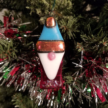 Load image into Gallery viewer, Kawaii gnome fused glass ornament dichroic glass red blue #decoration #holidayornament #winter #gnome #gonk