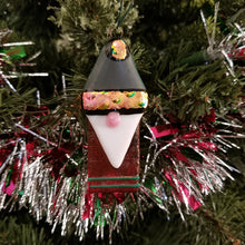 Load image into Gallery viewer, Charming gnome fused glass ornament dichroic glass red green gold #bauble #treeornament #winter #gnome #gonk