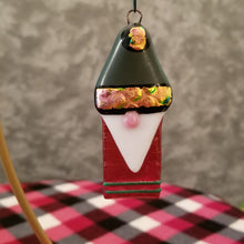 Load image into Gallery viewer, Charming gnome fused glass ornament dichroic glass red green gold #bauble #treeornament #winter #gnome #gonk