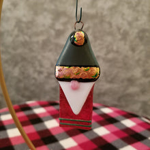 Load image into Gallery viewer, Charming gnome fused glass ornament dichroic glass red green gold #bauble #treeornament #winter #gnome #gonk
