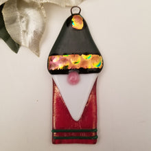 Load image into Gallery viewer, Charming gnome fused glass ornament dichroic glass red green gold #bauble #treeornament #winter #gnome #gonk