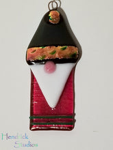 Load image into Gallery viewer, Charming gnome fused glass ornament dichroic glass red green gold #bauble #treeornament #winter #gnome #gonk