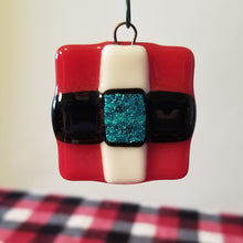 Load image into Gallery viewer, Festive Santa Belt fused glass ornament dichroic glass red blue