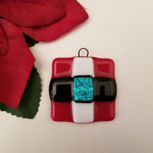 Load image into Gallery viewer, Festive Santa Belt fused glass ornament dichroic glass red blue