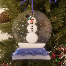 Load image into Gallery viewer, Fused glass Snow globe with snowman ornament, holiday bauble, handmade