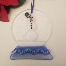Load image into Gallery viewer, Fused glass Snow globe with snowman ornament, holiday bauble, handmade