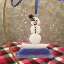 Load image into Gallery viewer, Fused glass Snow globe with snowman ornament, holiday bauble, handmade