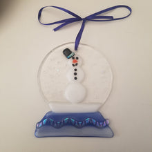 Load image into Gallery viewer, Fused glass Snow globe with snowman ornament, holiday bauble, handmade
