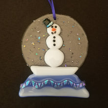 Load image into Gallery viewer, Fused glass Snow globe with snowman ornament, holiday bauble, handmade