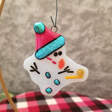 Load image into Gallery viewer, Bah Humbug melted Snowman fused glass ornament red hat dichroic glass #christmas #treedecoration # snowman