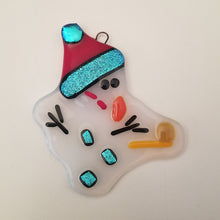 Load image into Gallery viewer, Bah Humbug melted Snowman fused glass ornament red hat dichroic glass #christmas #treedecoration # snowman