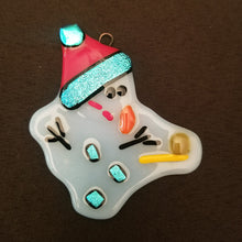 Load image into Gallery viewer, Bah Humbug melted Snowman fused glass ornament red hat dichroic glass #christmas #treedecoration # snowman