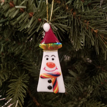 Load image into Gallery viewer, Cute snowman fused glass ornament with red hat with dichroic rainbow trim red buttons and scarf#ornament