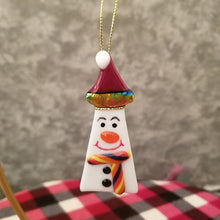 Load image into Gallery viewer, Cute snowman fused glass ornament with red hat with dichroic rainbow trim red buttons and scarf#ornament