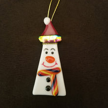 Load image into Gallery viewer, Cute snowman fused glass ornament with red hat with dichroic rainbow trim red buttons and scarf#ornament