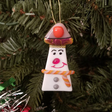 Load image into Gallery viewer, Fused Glass Snowman ornament bauble orange lavendar