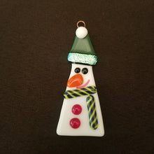 Load image into Gallery viewer, Festive Snowman glass ornament green hat scarf Fused glass #christmas #treedecoration # snowman