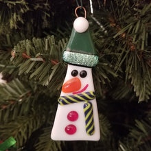 Load image into Gallery viewer, Festive Snowman glass ornament green hat scarf Fused glass #christmas #treedecoration # snowman