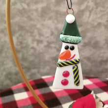 Load image into Gallery viewer, Festive Snowman glass ornament green hat scarf Fused glass #christmas #treedecoration # snowman