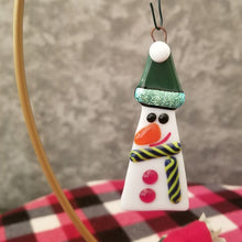 Load image into Gallery viewer, Festive Snowman glass ornament green hat scarf Fused glass #christmas #treedecoration # snowman