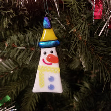 Load image into Gallery viewer, Festive Melted Snowman fused glass ornament yellow hat dichroic glass #ornament #treedecoration #snowman