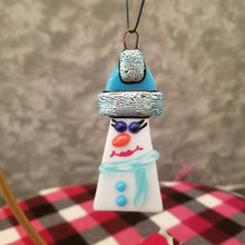 Load image into Gallery viewer, Cute fused glass Snowman, snow lady ornament, bauble, bling, santa hat