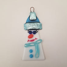 Load image into Gallery viewer, Cute fused glass Snowman, snow lady ornament, bauble, bling, santa hat