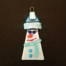 Load image into Gallery viewer, Cute fused glass Snowman, snow lady ornament, bauble, bling, santa hat
