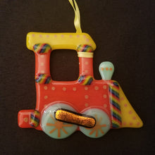 Load image into Gallery viewer, Fused Glass Steam Train Ornament, steam locomotive bauble holiday decoration