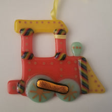 Load image into Gallery viewer, Fused Glass Steam Train Ornament, steam locomotive bauble holiday decoration