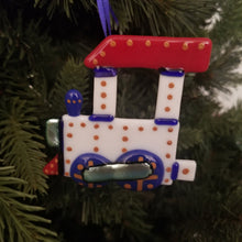 Load image into Gallery viewer, Train Ornament fused Glass Decoration red white blue americana