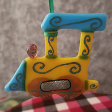 Load image into Gallery viewer, Fused glass steam train ornament yellow blue steam locomotive decoration