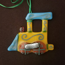 Load image into Gallery viewer, Fused glass steam train ornament yellow blue steam locomotive decoration
