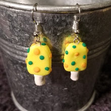 Load image into Gallery viewer, Cream Popsicle earrings, lemon cream, yellow and green,Fake bake Jewelry, faux food earrings, Earrings, kawaii, earrings cute earrings, earrings for girls, teenage fashion Accessory, sculpey clay, food earrings
