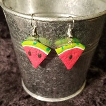 Load image into Gallery viewer, watermelon slice earrings , melon, fruity jewelry, fruity Fake bake Jewelry, faux food earrings, Earrings, kawaii, earrings cute earrings, earrings for girls, teenage fashion Accessory, sculpey clay, food earrings