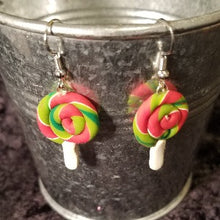 Load image into Gallery viewer, Lollipop earrings, green and red Fake bake Jewelry, faux food earrings, Earrings, kawaii, earrings cute earrings, earrings for girls, teenage fashion Accessory, sculpey clay, food earrings
