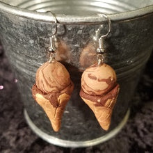 Load image into Gallery viewer, Chocolate ice cream cone earrings, Fake bake Jewelry, faux food earrings, Earrings, kawaii, earrings cute earrings, earrings for girls, teenage fashion Accessory, Sculpey clay, food earrings
