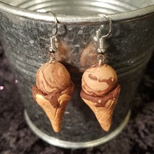 Load image into Gallery viewer, Chocolate ice cream cone earrings, Fake bake Jewelry, faux food earrings, Earrings, kawaii, earrings cute earrings, earrings for girls, teenage fashion Accessory, Sculpey clay, food earrings