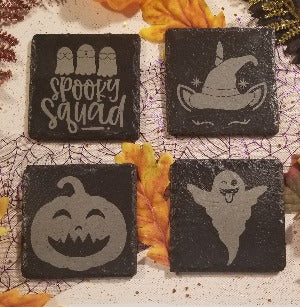 Halloween coasters, set of 4,  spooky squad, unicorn witch, jack-o-lantern, ghost,  spirited coasters, spooky fun