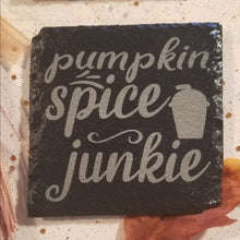 Load image into Gallery viewer, Pumpkin spice junkie coaster, laser engraved, 4x4 inches big, holiday, latte, warmup, table protector, housewarming gift, secret Santa gift