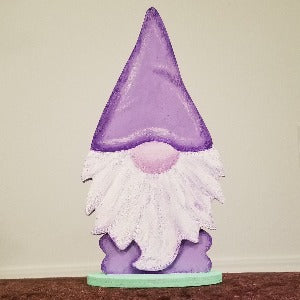 Wooden hand painted purple and lavender gnome  7x4x1 inches big freestanding shelf sitter