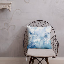 Load image into Gallery viewer, 18x18 allover print Premium Pillow, blue and white abstract design, polyester case, machine washable