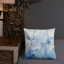 Load image into Gallery viewer, 18x18 allover print Premium Pillow, blue and white abstract design, polyester case, machine washable