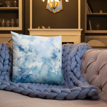 Load image into Gallery viewer, 18x18 allover print Premium Pillow, blue and white abstract design, polyester case, machine washable
