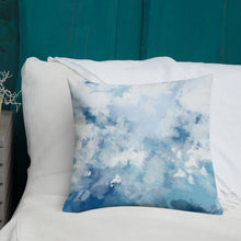Load image into Gallery viewer, 18x18 allover print Premium Pillow, blue and white abstract design, polyester case, machine washable