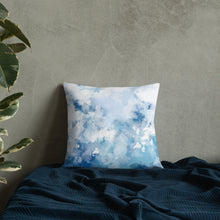 Load image into Gallery viewer, 18x18 allover print Premium Pillow, blue and white abstract design, polyester case, machine washable